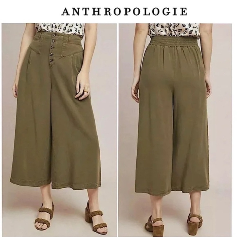 Anthropologie Boho Oceanside Green Cropped Wide Leg Pant High Waist Button Front - Picture 2 of 7